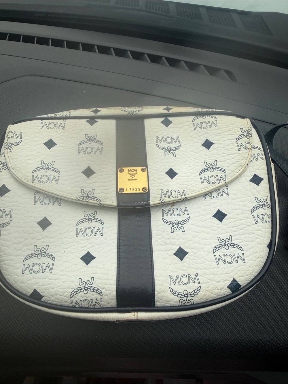 MCM White Leather Logo Crossbody with Black Center Stripe